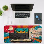 Infidu Tech Fusion Desk Pad with Comic Book-Style Design Featuring a Laptop and Bold Red, Orange, and Yellow Clouds Desk Mat with an Apple Computer