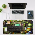 Infidu Tech Fusion Desk Pad with Cozy Vintage Room Design Featuring Old TVs, Green Sofa, and Plants Desk Mat with an Apple Computer