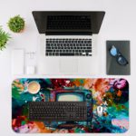 Infidu Tech Fusion Desk Pad with Multi-Colored Design Featuring Television Desk Mat with an Apple Computer