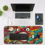 Infidu Abstract Comic Art Desk Pad with Red Monster Design Featuring Big Mouth and Teeth Desk Mat with an Apple Computer