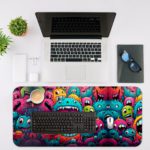 Infidu Colorful Monsters Desk Pad with Green, Blue, and Orange Monsters Desk Mat with an Apple Computer