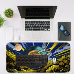 Infidu Record Disk Animated Desk Pad with Yellow and Blue Background and Bright, Lively Design Desk Mat with an Apple Computer