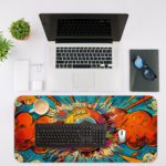 Infidu Record Disk Animated Desk Pad with Red and Blue Background and Bright, Lively Design Desk Mat with an Apple Computer