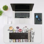 Infidu Vintage Books Animated Desk Pad with White Background and Colorful Flower Desk Mat with an Apple Computer