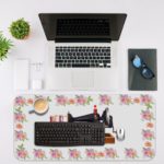 Infidu Modern Stitch Sewing Machine Desk Pad with White Background and Yellow, Pink, and White Flower Corners Desk Mat with an Apple Computer