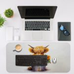 Desk pad with a fluffy brown highland cow sitting in a blue and white bucket, surrounded by yellow flowers and greenery on a light grey background. Desk Mat with an Apple Computer