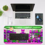 Infidu Teddy Bear Design Desk Pad with Colorful Teddy Bear on Pink and Green Background Desk Mat with an Apple Computer