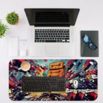 Infidu Classic Chair Animated Desk Pad with Colorful Chair, Bright Rays in Yellow, Gray, and Red, and Playful Stars and Circles Desk Mat with an Apple Computer