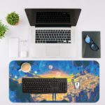 Desk pad showing a person standing on a ledge, overlooking a cityscape at sunset with blue and yellow tones, silhouetted against the sky. Desk Mat with an Apple Laptop