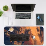 Desk pad with an anime girl walking through a warm-toned urban street at sunset, with detailed buildings and power lines. Desk Mat with an Apple Laptop