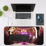 Infidu Artistic Desk Mat with a pink and gold gaming room concept design, perfect for adults. Buy a desk mat, shop desk pad, buy a gaming Desk Mat with an Apple Computer