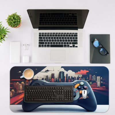 Gaming desk pad with a navy blue background and a game controller painted in navy blue, white, and red Desk Pad with Antique Video Game Design of Antique Video Game on a desk pad