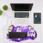 Gaming desk pad with a game controller in violet and blue colors on a predominantly white background. Unique and artistic design by digital artists Desk Mat with an Apple Computer