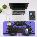 Gaming desk pad with black and blue controller Desk Pad with Antique Video Game Desk Mat with an Apple Computer