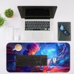 A young person with colorful hair using a laptop, glowing blue light, and tendrils suggests a fantasy theme. Desk Mat with an Apple Laptop