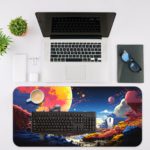 Infidu Space Desk Pad with an astronaut standing on an alien planet, featuring a colorful sky with multiple moons and vibrant colors. Desk Mat with a laptop