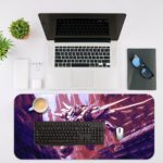 Futuristic mecha robot in purple and red with a sci-fi battle background on a high-quality desk pad. Desk Mat with an Apple Laptop