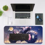 Futuristic bike design in black and pink with a navy blue and yellow background. Ideal for sci-fi and cyberpunk themes. Desk Mat with an Apple Laptop