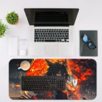 An anime-style character with dark hair surrounded by fiery orange and red elements with a dragon-like creature in the background. Desk Mat with an Apple Laptop