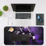 Futuristic robot design in blue and purple on a dark starry background, perfect for a sci-fi-themed desk pad. Desk Mat with an Apple Laptop