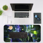 Desk pad with a futuristic robotic creature in a vibrant, neon-lit cyberpunk cityscape. Desk Mat with an Apple Laptop