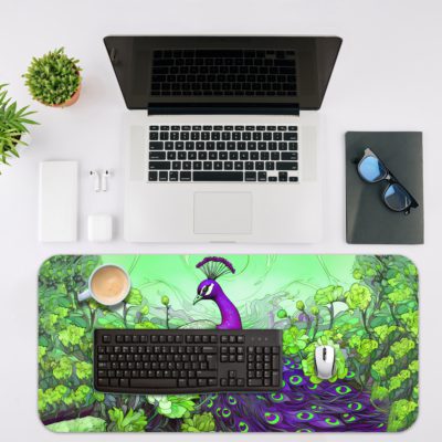 Illustration of a bright purple peacock on a branch with a background of green leaves on the Infidu Artistic Animated Desk Mat with a laptop