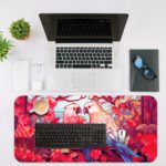 Illustration of two colorful parrots on a branch surrounded by pink and red flowers on the Infidu Artistic Animated Desk Mat with a laptop