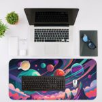 Infidu Space Vector Desk Mat features a colorful space scene with planets, stars, and abstract shapes in bright blues, purples, pinks, and greens. Desk Mat with a computer