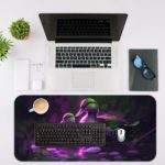 Artistic desk pad with a glowing duck family in purple and green on a dark background with water reflections. Desk Mat with a laptopArtistic desk pad with a glowing duck family in purple and green on a dark background with water reflections. Desk Mat with a laptop