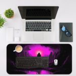 Infidu Artistic Desk Pad with an anime ninja silhouette in front of a bright purple light, set in a dark, mystical cave-like environment. Desk Mat with an Apple Laptop