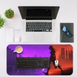 Infidu Artistic Desk Pad with an anime ninja silhouetted in a cityscape, holding a sword, with a background split between purple and red tones. Desk Mat with an Apple Laptop