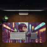 Digital illustration of a young child standing in a brightly lit street at night with neon colors and an urban cityscape background. Desk Pad in computer table