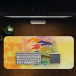 Infidu Artistic Desk Mat with an abstract landscape design in blue, white, green, and brown. Desk Pad in computer table