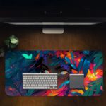 Desk pad with an abstract illustration of a woman in the jungle, featuring glowing white eyes and colorful foliage in blues, purples, and greens. Desk Pad in computer table