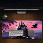 Infidu Artistic Desk Pad with an anime samurai in meditation against a purple and pink sunset sky, with silhouettes of trees, mountains, and a soaring bird. Desk Pad in computer table