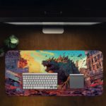 Desk mat with Godzilla rising over a city in the morning, featuring a yellow and blue background. Desk Pad with Design Kept on a computer table