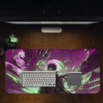 Desk pad featuring a dramatic purple and white anime scene with swirling energy effects and a central figure in an action pose. Desk Pad in computer table