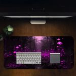 Desk pad featuring a mystical scene with a figure in a dark forest, surrounded by glowing purple mushrooms and lights. Desk Pad in computer table