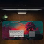 Desk pad featuring a fantastical landscape with a vibrant sky, silhouetted tree, and staircase leading into the distance. Desk Pad in computer table