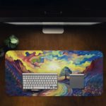 Desk pad featuring a colorful landscape with a winding road, distant tree, and vibrant sky. Desk Pad in computer table