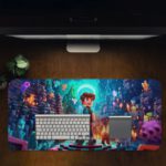 Animated desk pad featuring a boy in a Minecraft-like world, surrounded by small animals and glowing elements in bright blues and teals. Desk Pad in computer table