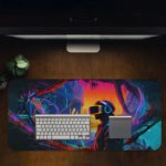 The futuristic scene with a figure in a VR headset, surrounded by a surreal landscape in cool blues and warm oranges. Desk Pad in computer table