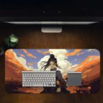 Anime samurai with dark hair holding a sword, standing against orange mountains and a bright blue sky. Desk Pad in computer table