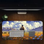 Anime boy standing in a field of yellow flowers under a blue sky with white clouds. Desk Pad in computer table