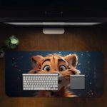 Desk pad with a cheerful animated tiger cub with orange fur, black stripes, and a white muzzle on a dark background with glowing orange particles. Desk Pad with Design Kept on a computer table