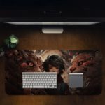 Anime boy with short dark hair centered between two fierce animal heads, in a dark, mythical illustration. Desk Pad in computer table