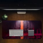 The silhouetted figure standing before a glowing orange portal, surrounded by deep purples and reds on the Infidu Artistic Desk Pad. Desk Pad in computer table