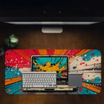 Infidu Tech Fusion Desk Pad with Comic Book-Style Design Featuring a Laptop and Bold Red, Orange, and Yellow Clouds Design Kept on a computer table