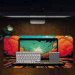 Infidu Tech Fusion Desk Pad with Comic Book-Style Design Featuring a Laptop and Bold Sunset Colors Desk Pad in computer table