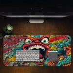 Infidu Abstract Comic Art Desk Pad with Red Monster Design Featuring Big Mouth and Teeth Design Kept on a computer table